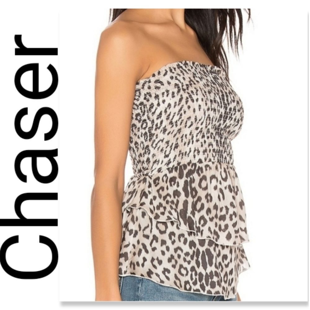 NWT Chaser Gauze Tiered Smocked Cropped Peplum Top in Animal Print